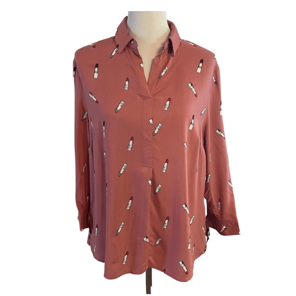 COMO BLACK Lightweight Lipstick Graphic Long Sleeve Blouse Size Medium